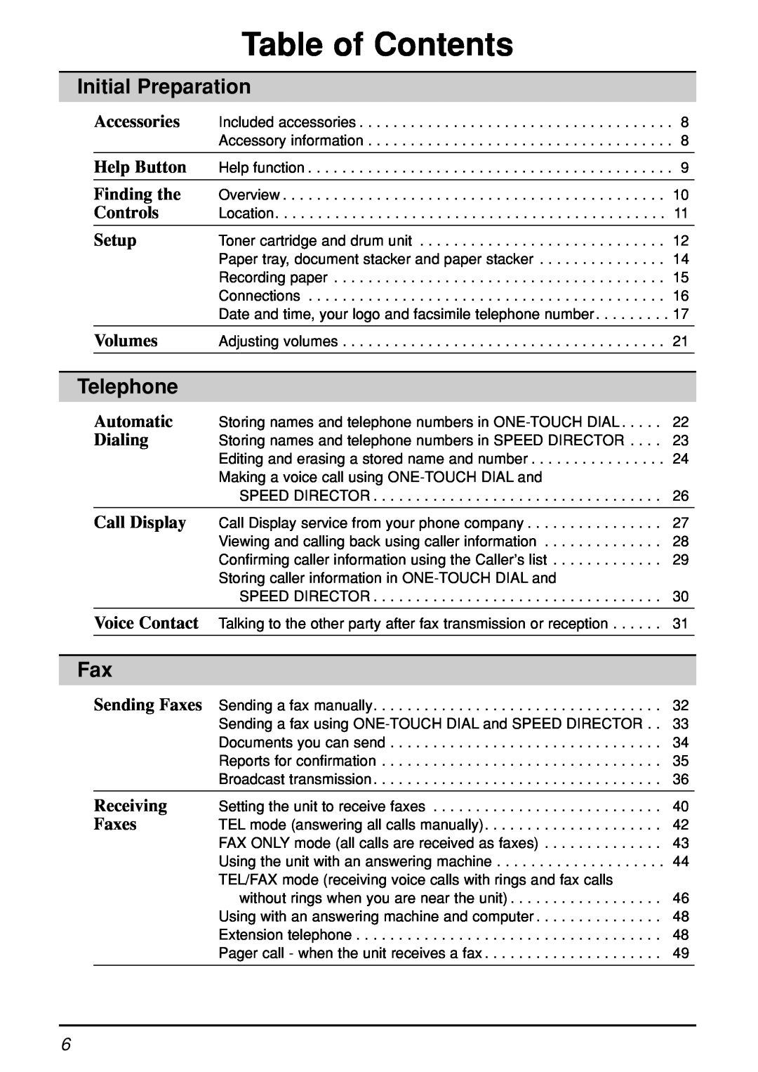 Panasonic KX-FL501C manual Initial Preparation, Telephone, Table of Contents 