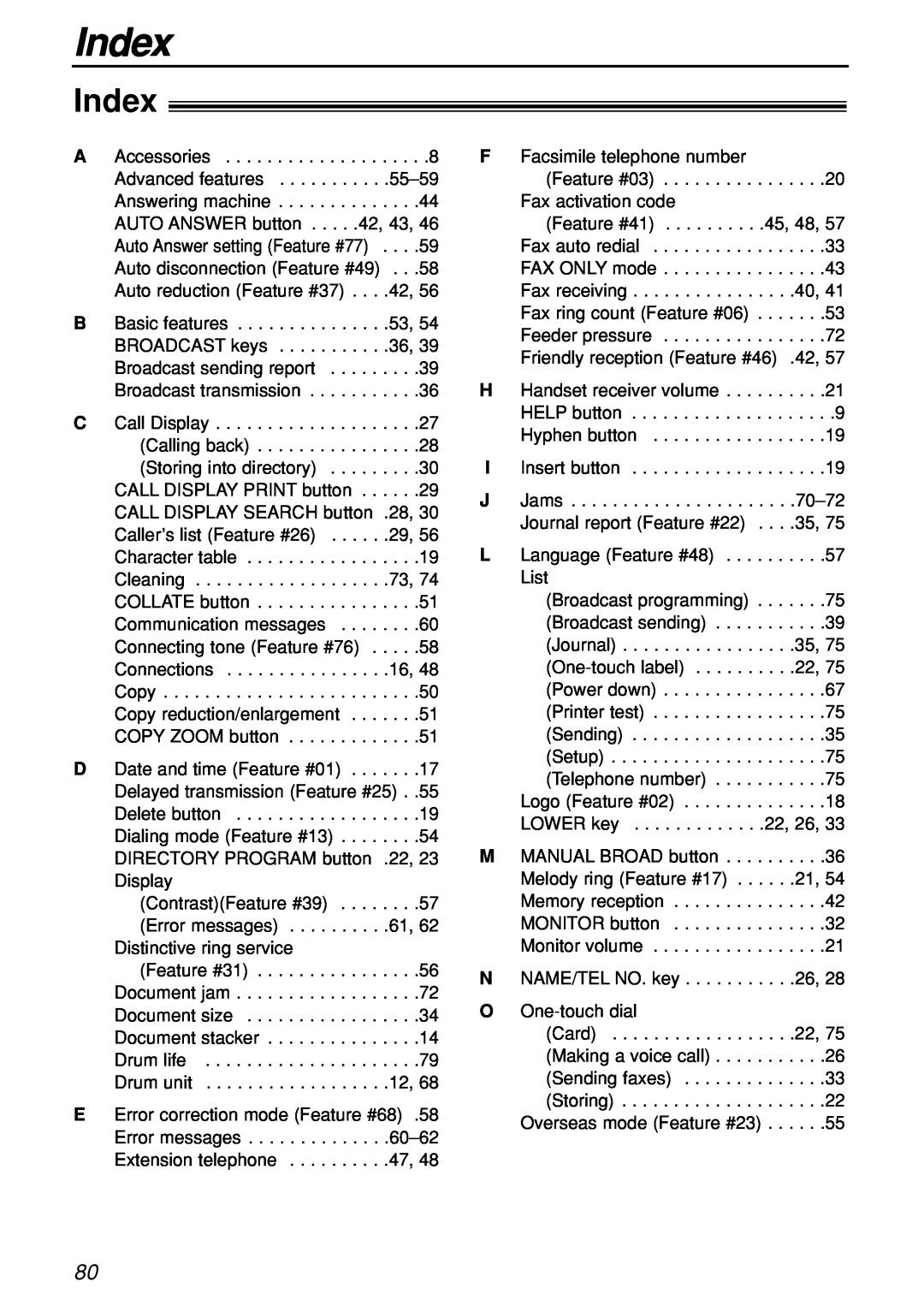 Panasonic KX-FL501C manual Index 