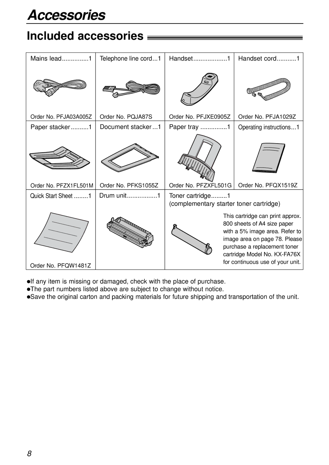 Panasonic KX-FL501E manual Accessories, Included accessories 