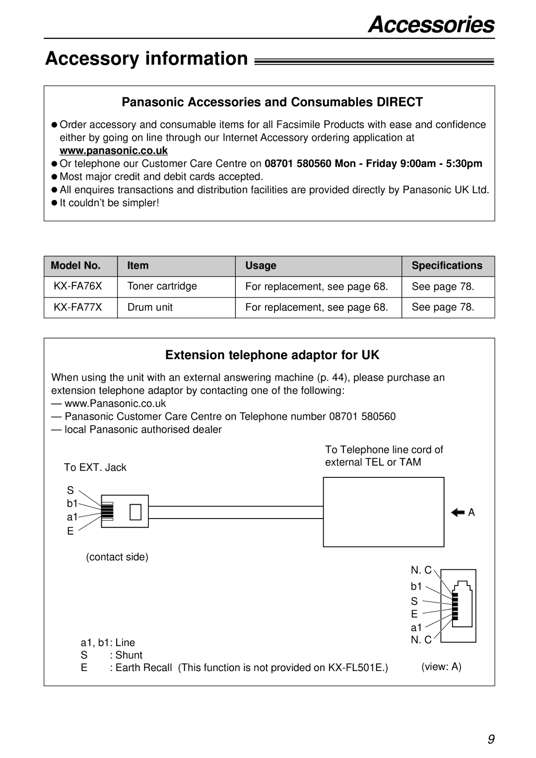 Panasonic KX-FL501E manual Accessory information, Model No Usage Specifications 