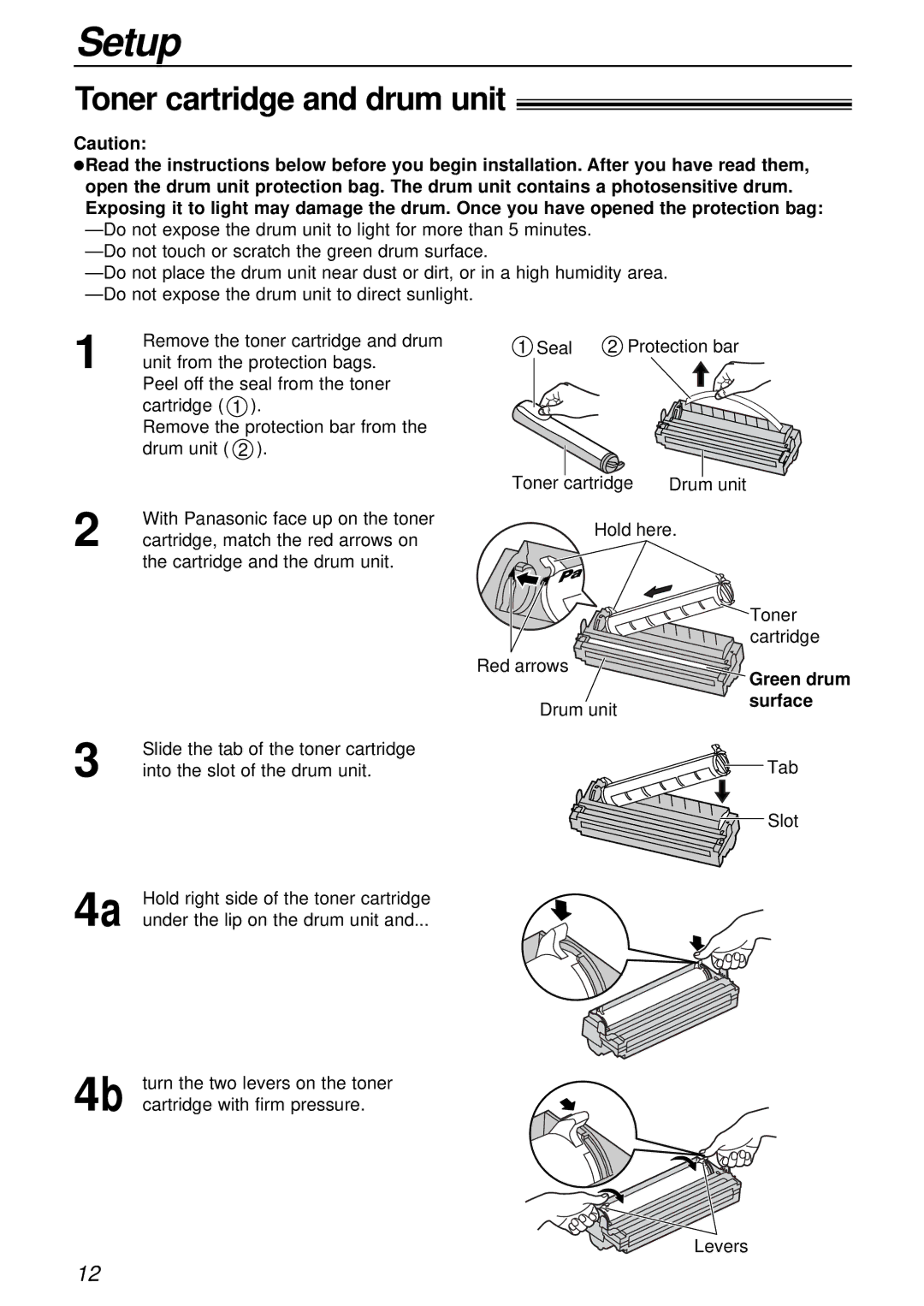 Panasonic KX-FL501E manual Setup, Toner cartridge and drum unit, Surface 