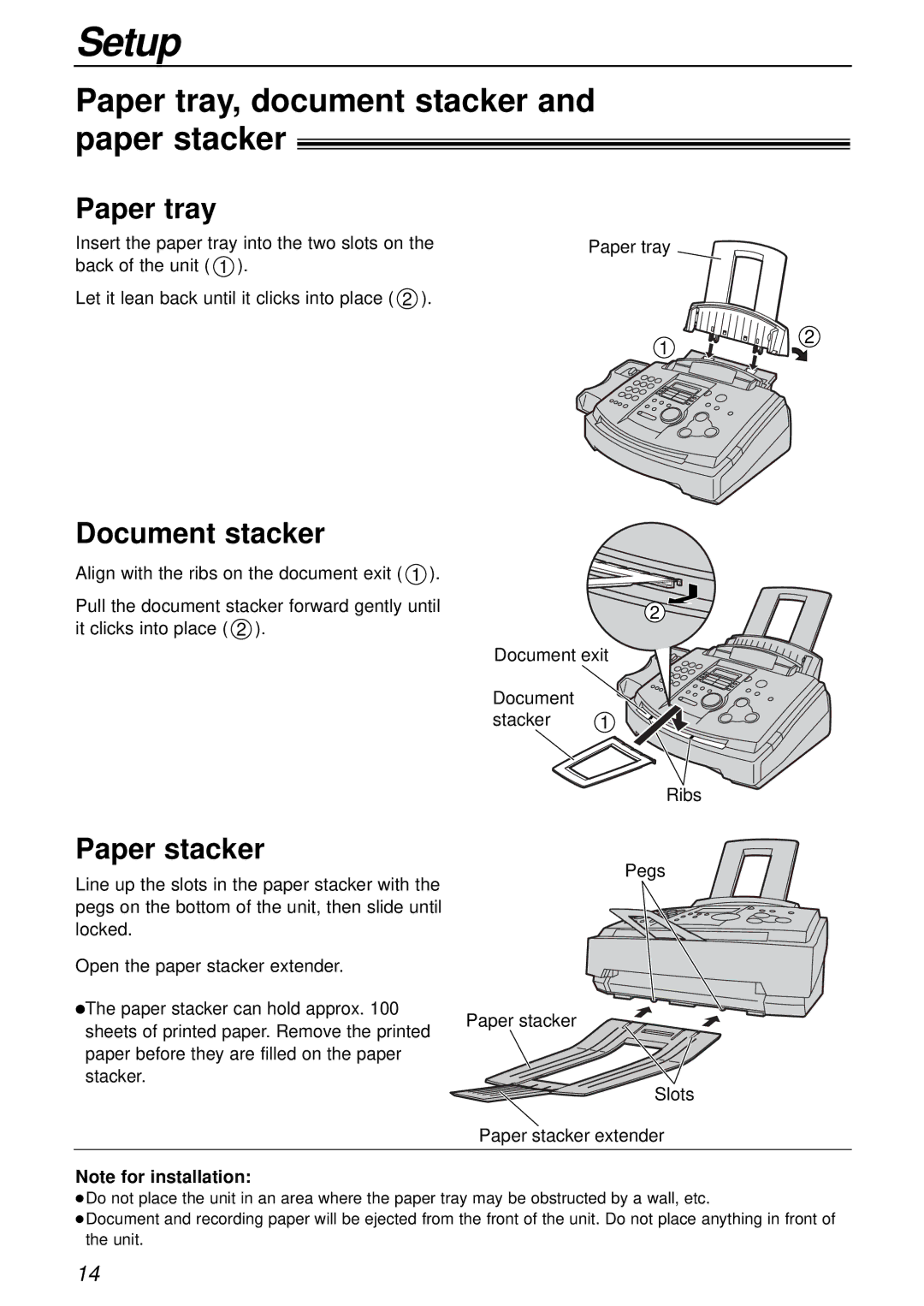 Panasonic KX-FL501E manual Paper tray, document stacker and paper stacker, Document stacker, Paper stacker 