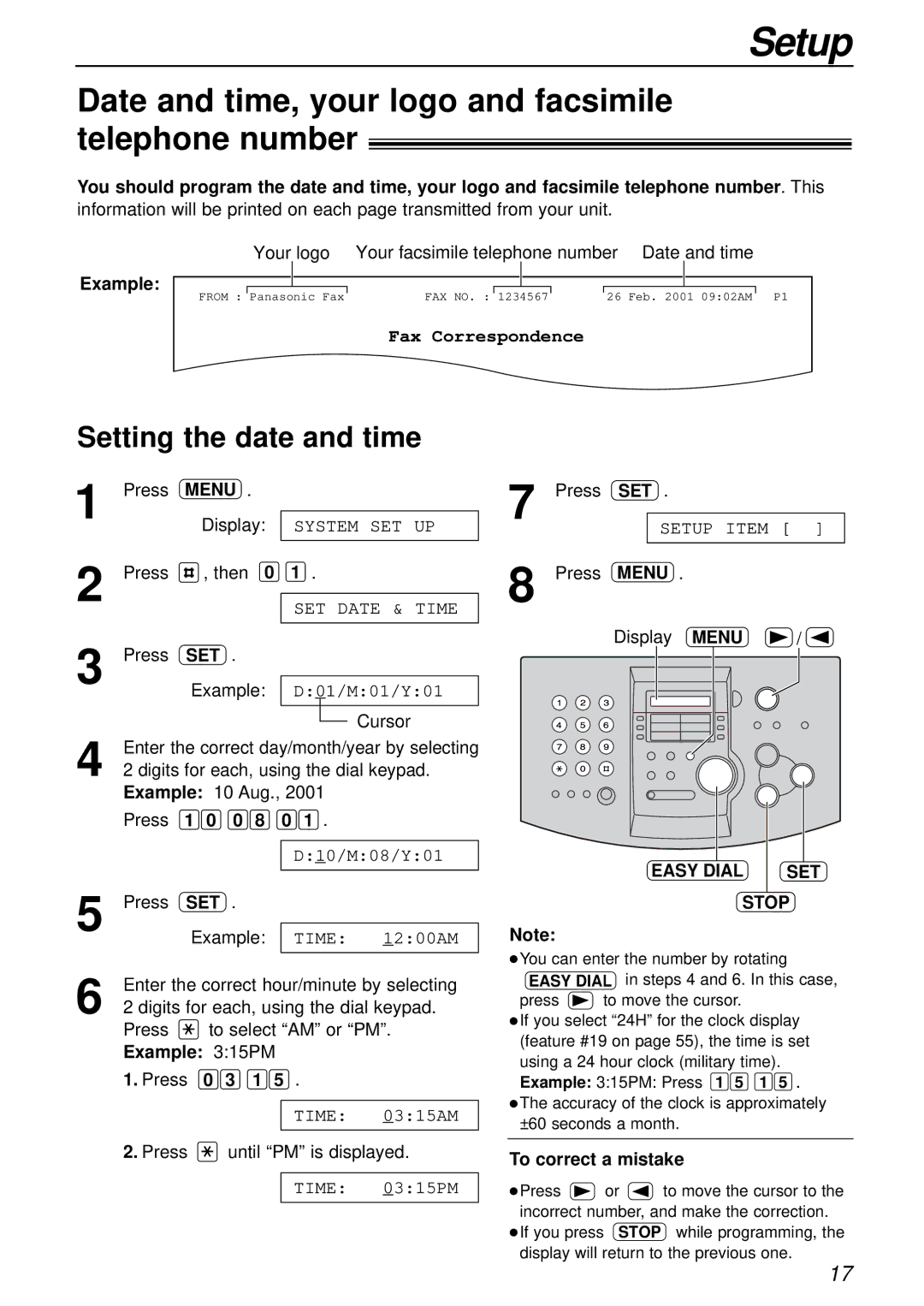 Panasonic KX-FL501E manual Date and time, your logo and facsimile telephone number, Setting the date and time, Menu 