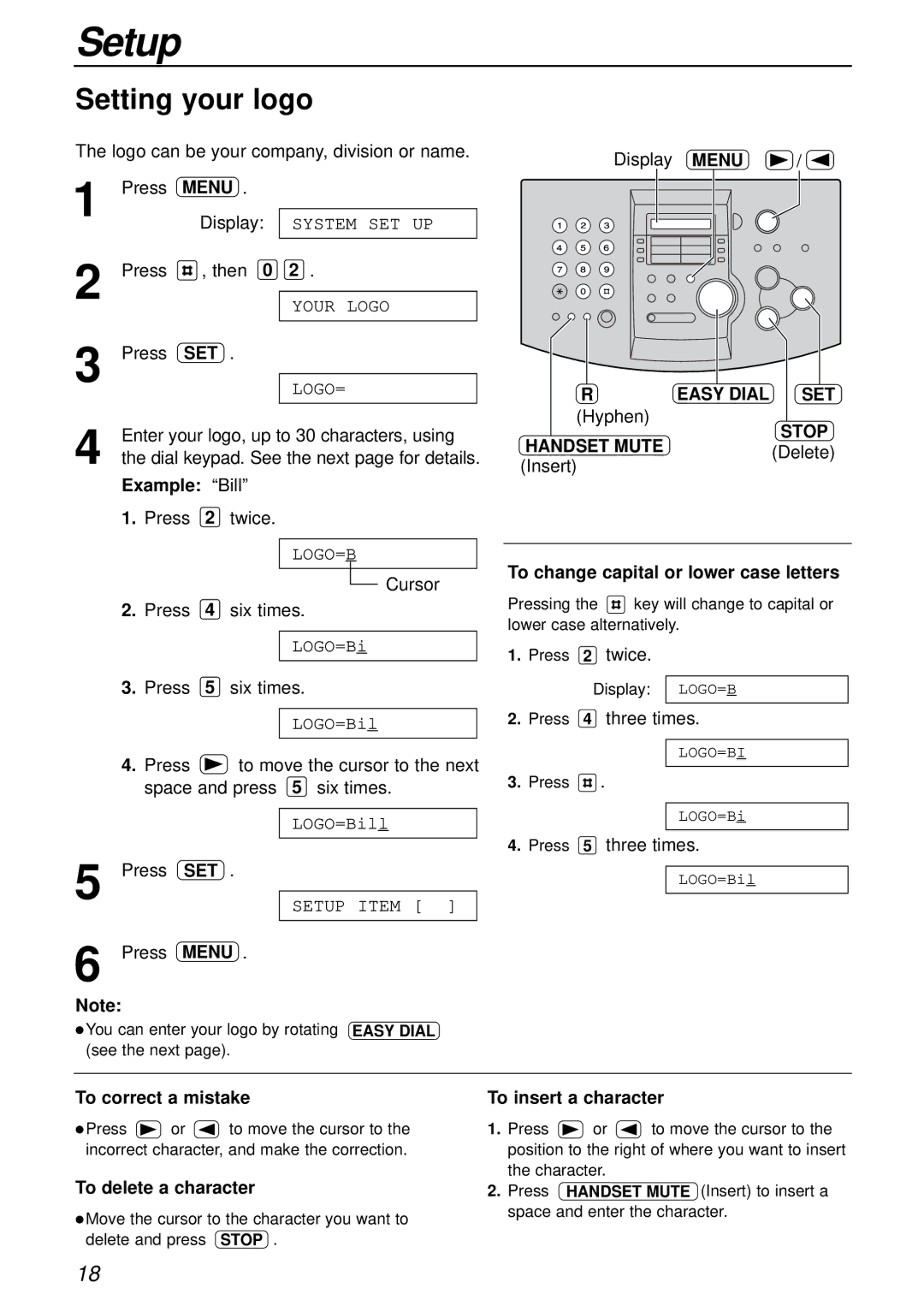 Panasonic KX-FL501E manual Setting your logo, Menu Easy Dial SET, Handset Mute 