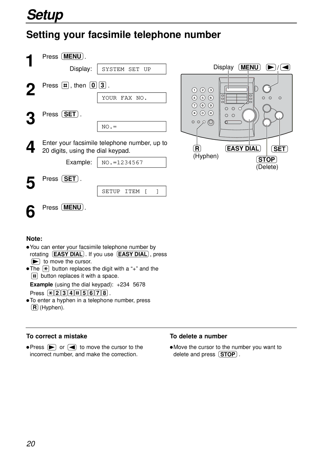 Panasonic KX-FL501E manual Setting your facsimile telephone number, To correct a mistake To delete a number 