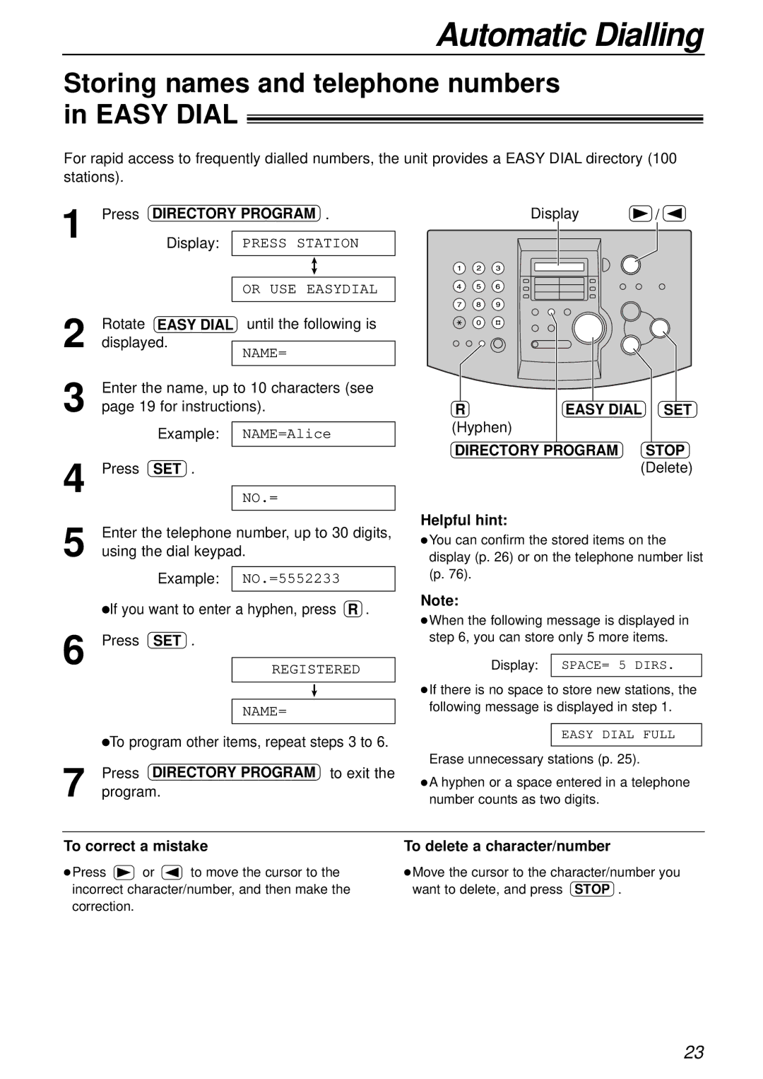 Panasonic KX-FL501E manual Storing names and telephone numbers in Easy Dial, Directory Program Stop Delete Helpful hint 