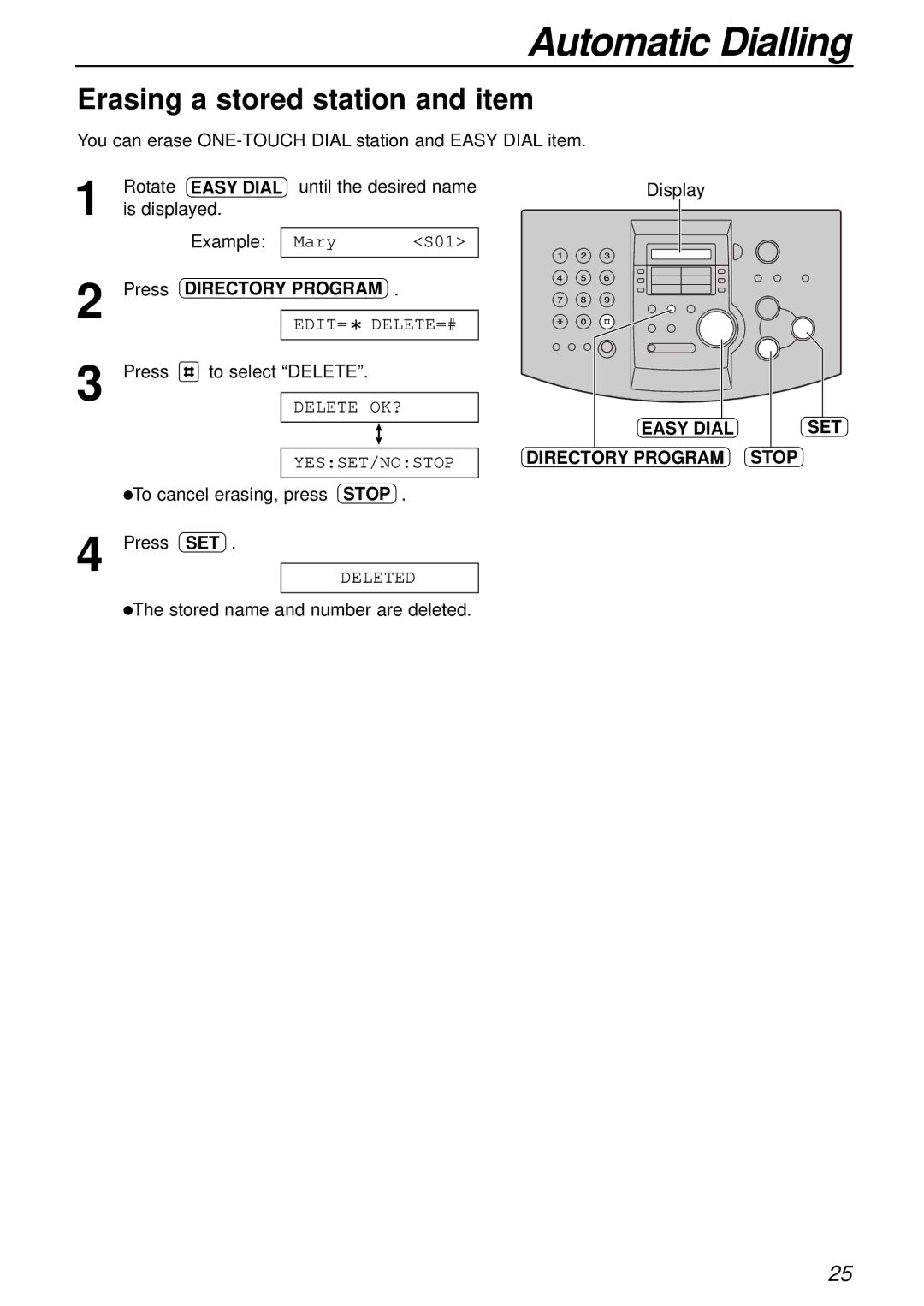 Panasonic KX-FL501E manual Erasing a stored station and item, Easy Dial SET Directory Program Stop 