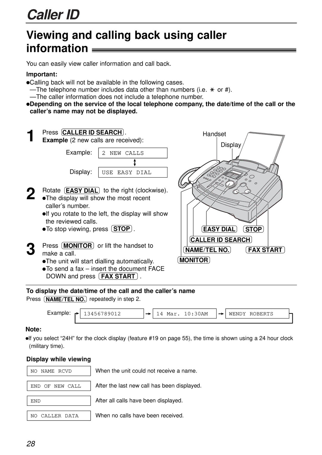 Panasonic KX-FL501E manual Viewing and calling back using caller information, Caller ID Search, Display while viewing 