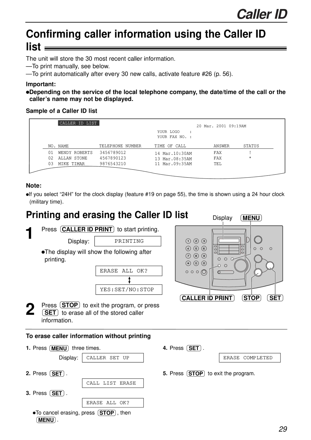 Panasonic KX-FL501E manual Confirming caller information using the Caller ID list, Printing and erasing the Caller ID list 