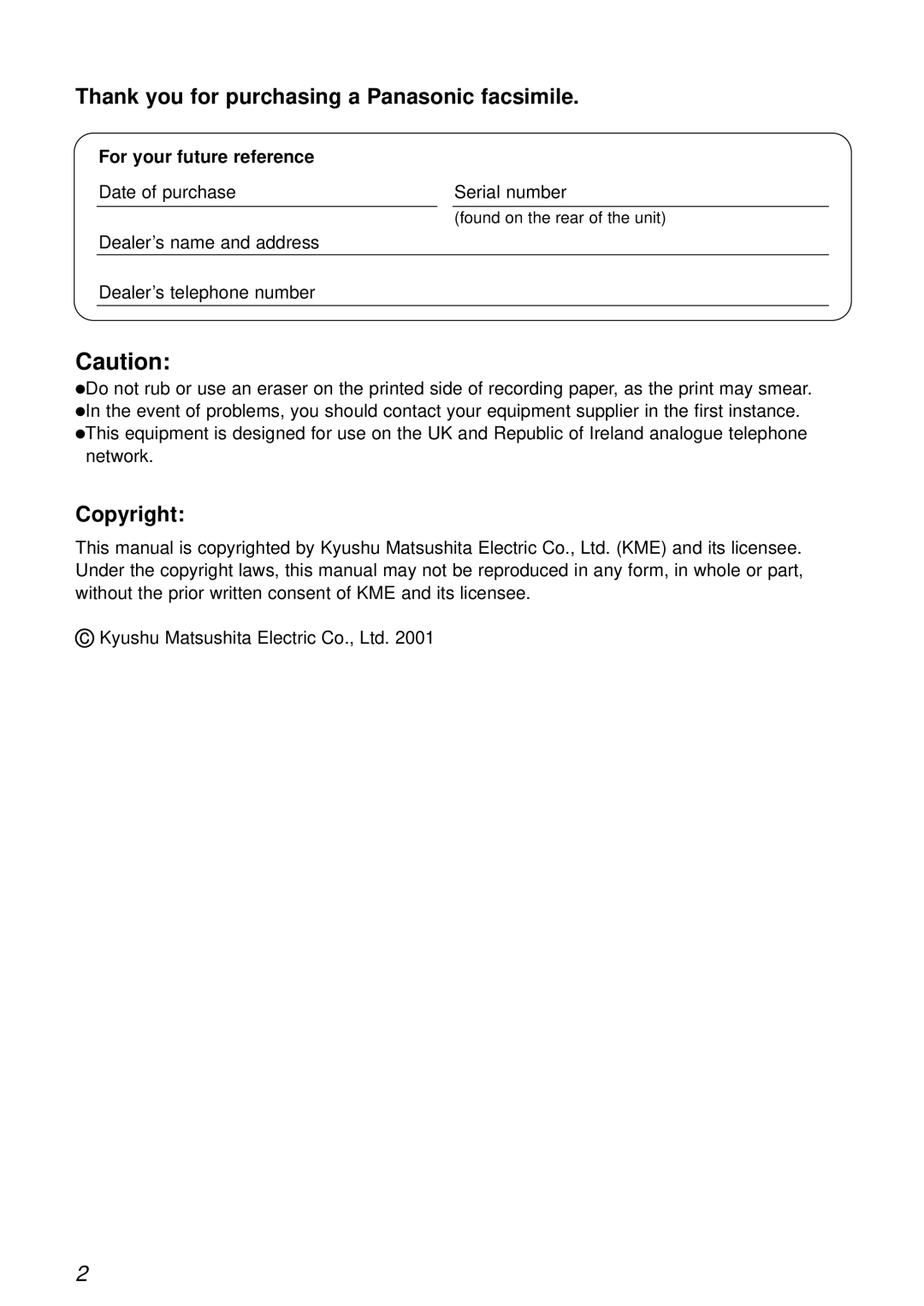 Panasonic KX-FL501E manual Thank you for purchasing a Panasonic facsimile, For your future reference 