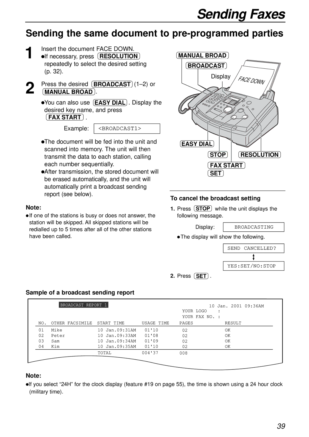 Panasonic KX-FL501E manual Sending the same document to pre-programmed parties, Manual Broad Broadcast 