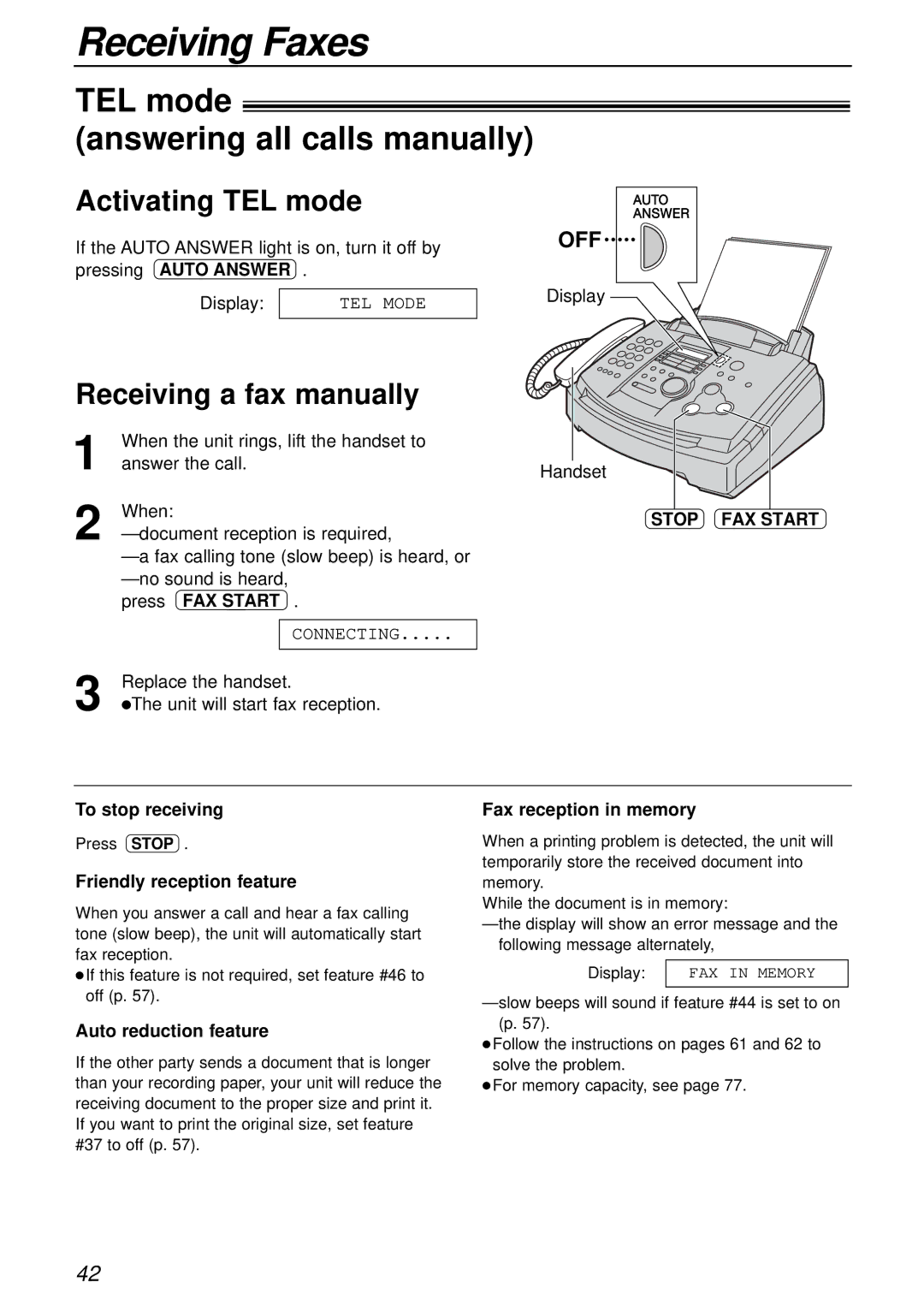 Panasonic KX-FL501E TEL mode Answering all calls manually, Activating TEL mode, Receiving a fax manually, Stop FAX Start 