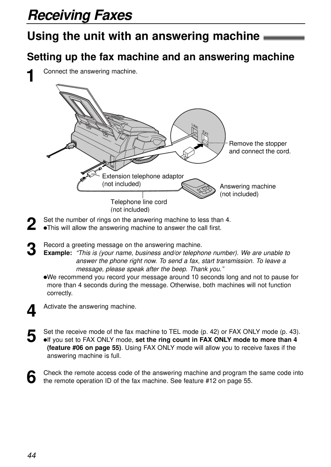 Panasonic KX-FL501E manual Using the unit with an answering machine, Setting up the fax machine and an answering machine 