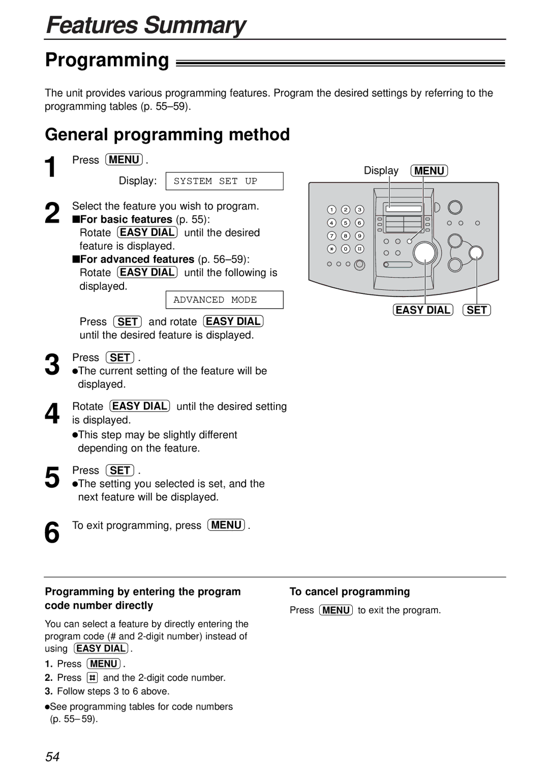 Panasonic KX-FL501E manual Features Summary, Programming, General programming method 