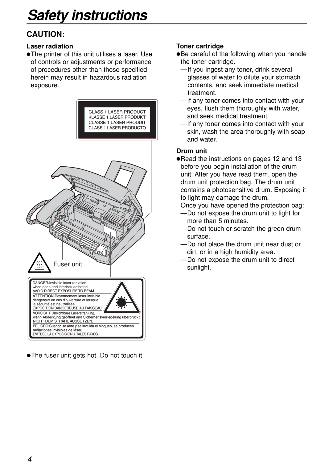 Panasonic KX-FL501E manual Laser radiation, Toner cartridge, Drum unit 