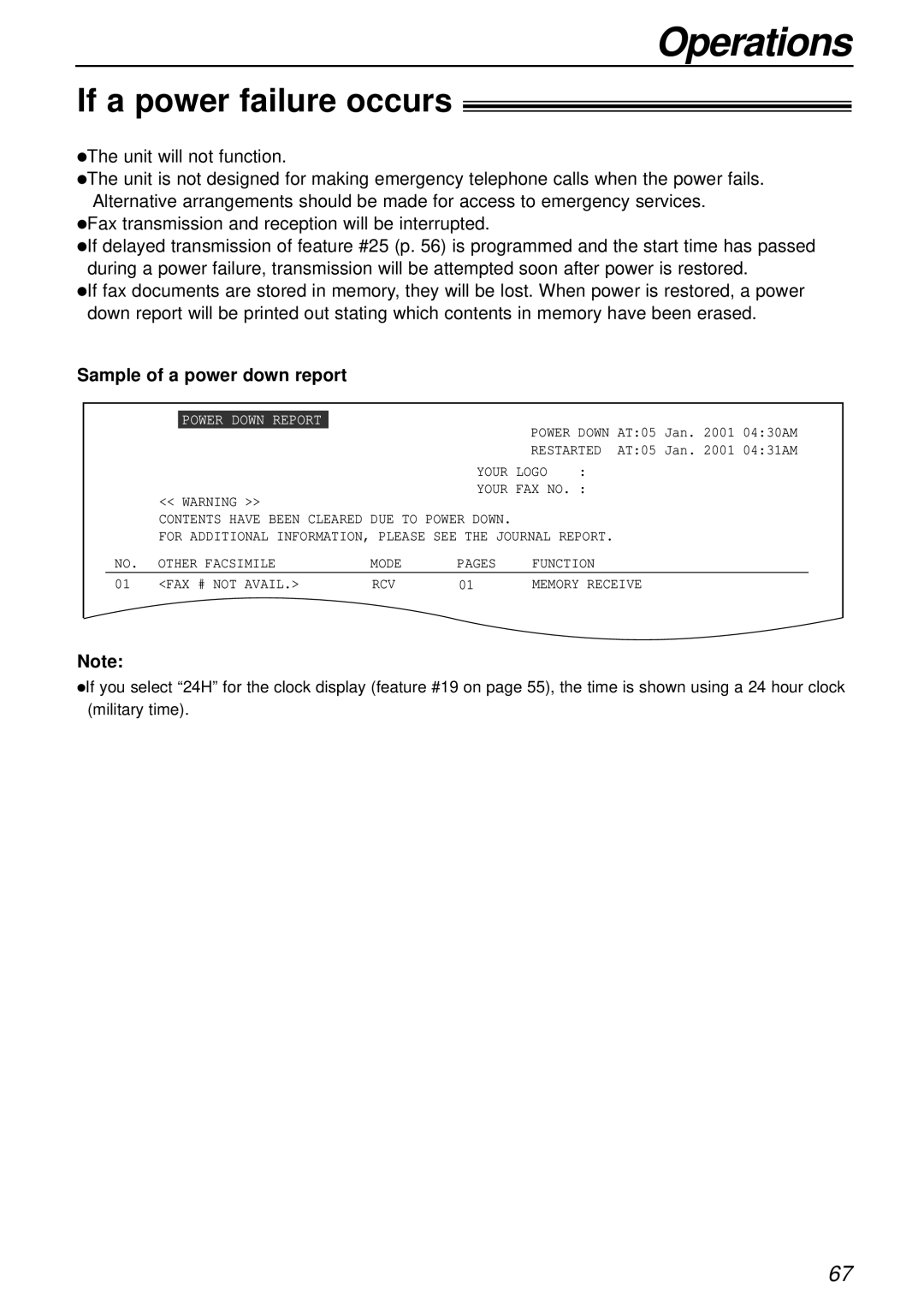 Panasonic KX-FL501E manual If a power failure occurs, Sample of a power down report 