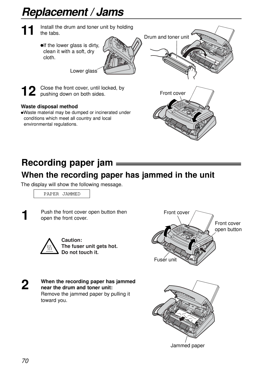 Panasonic KX-FL501E manual Replacement / Jams, Recording paper jam, When the recording paper has jammed in the unit 