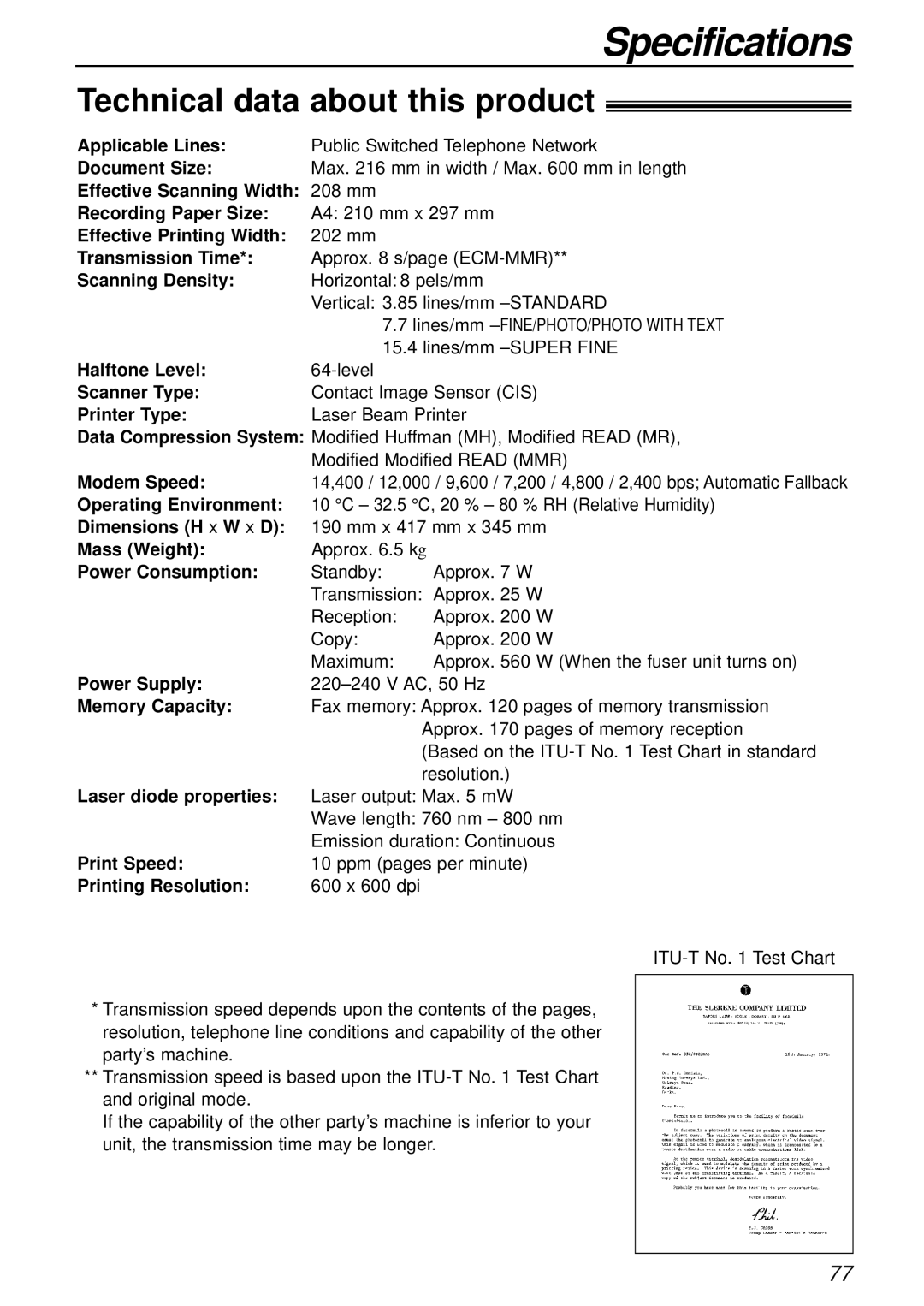 Panasonic KX-FL501E manual Technical data about this product 