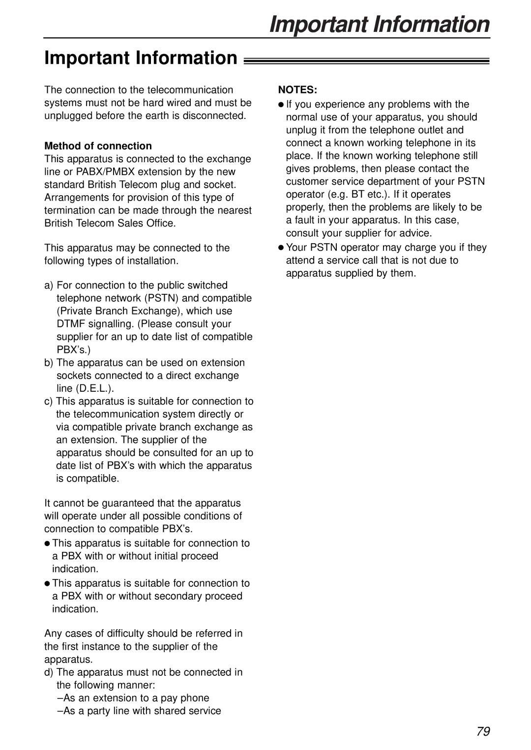 Panasonic KX-FL501E manual Important Information, Method of connection 