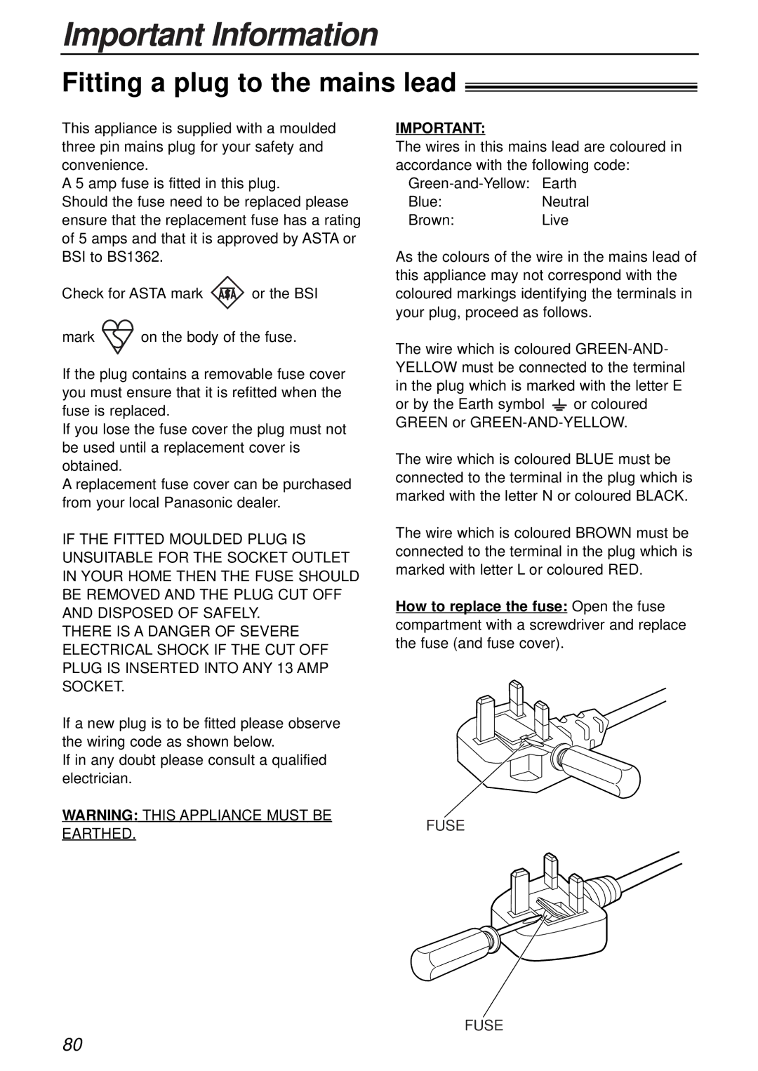 Panasonic KX-FL501E manual Fitting a plug to the mains lead 