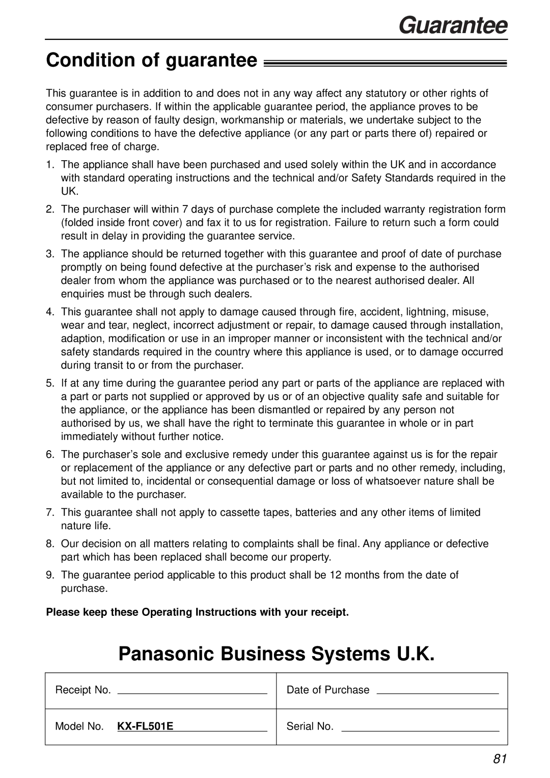 Panasonic KX-FL501E manual Guarantee, Condition of guarantee, Panasonic Business Systems U.K 