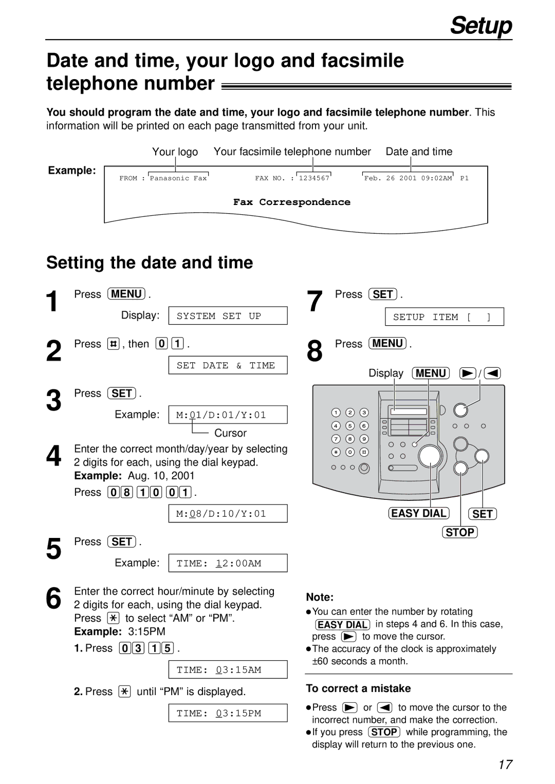 Panasonic KX-FL503HK manual Date and time, your logo and facsimile telephone number, Setting the date and time, Menu 