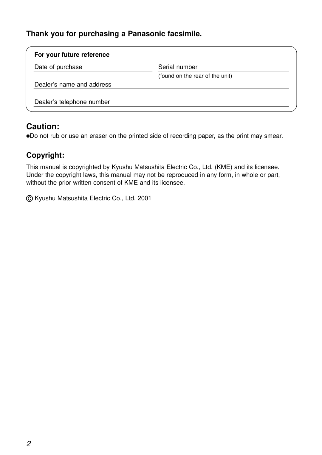 Panasonic KX-FL503HK manual Thank you for purchasing a Panasonic facsimile, For your future reference 