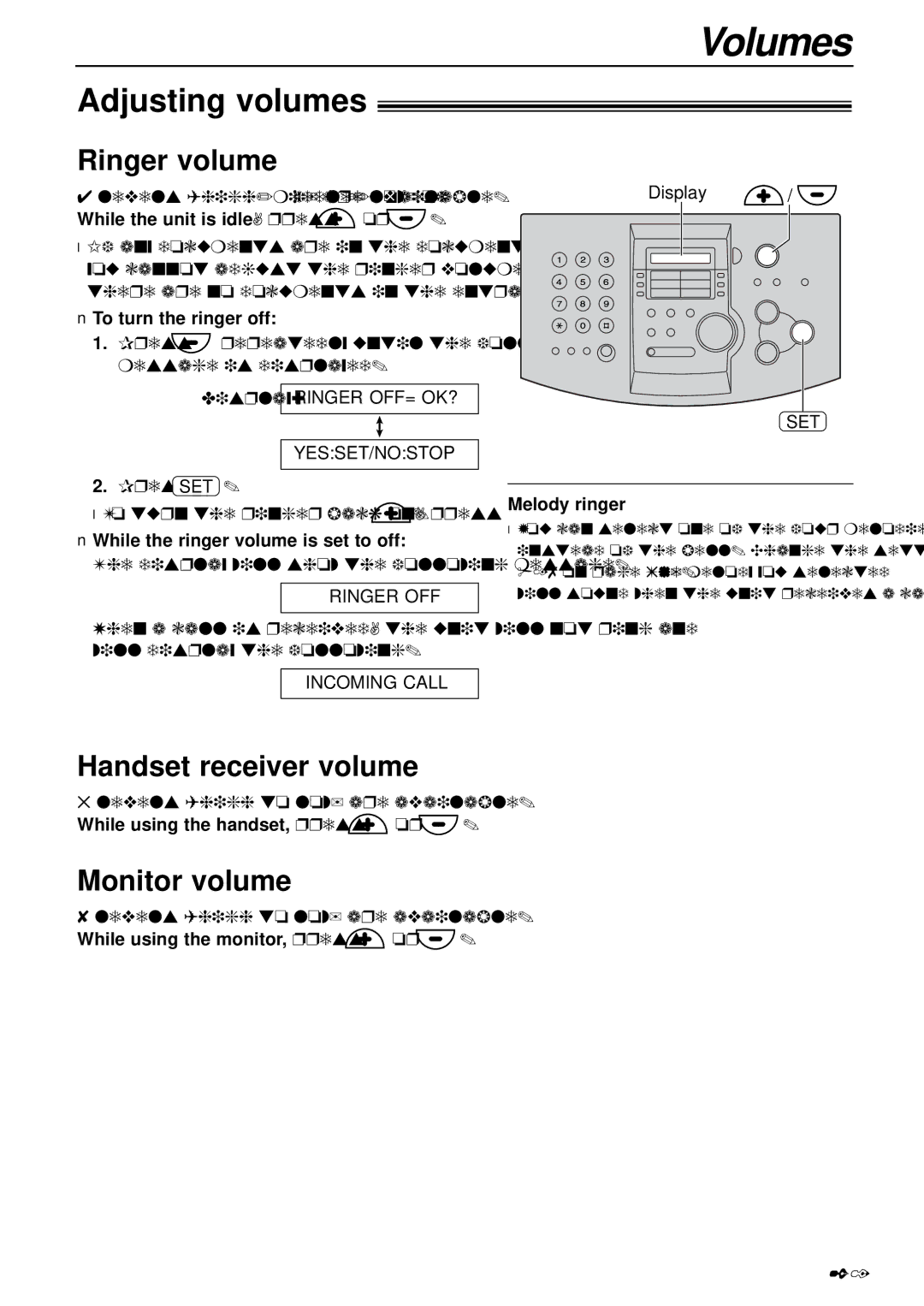 Panasonic KX-FL503HK manual Volumes, Adjusting volumes, Ringer volume, Handset receiver volume, Monitor volume 