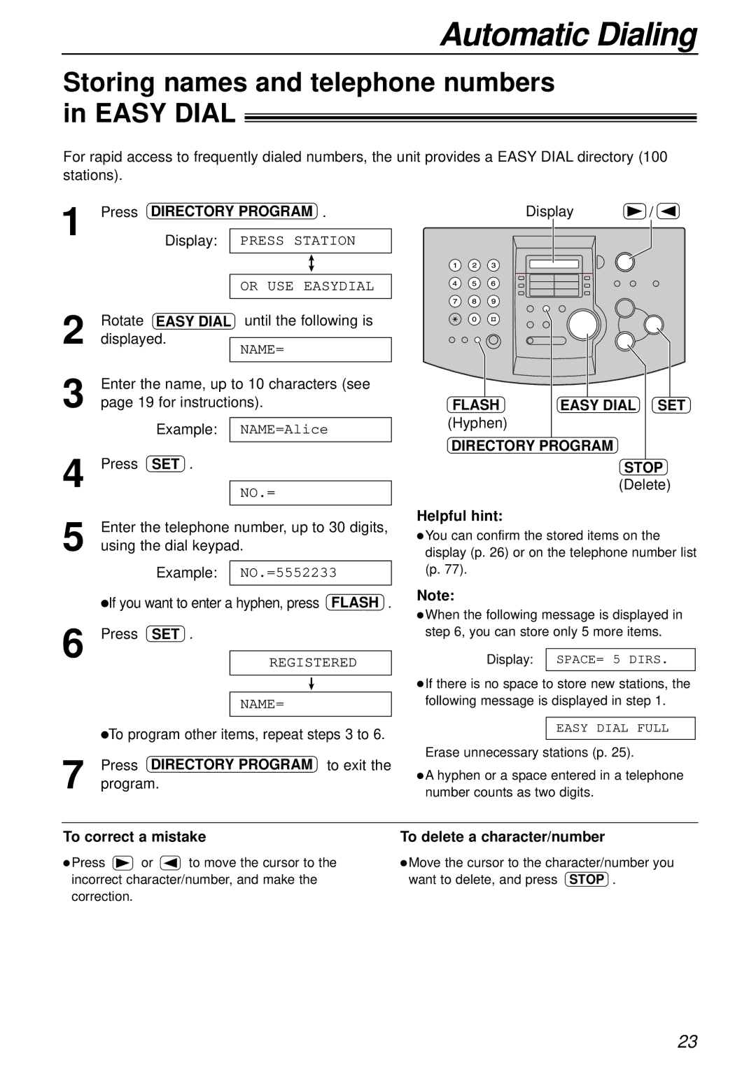 Panasonic KX-FL503HK manual Storing names and telephone numbers in Easy Dial 