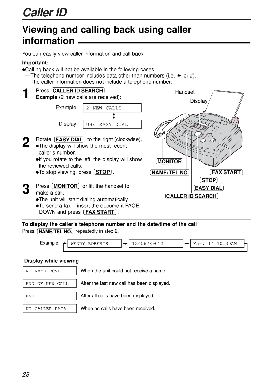 Panasonic KX-FL503HK manual Viewing and calling back using caller information, Caller ID Search, Monitor NAME/TEL no 