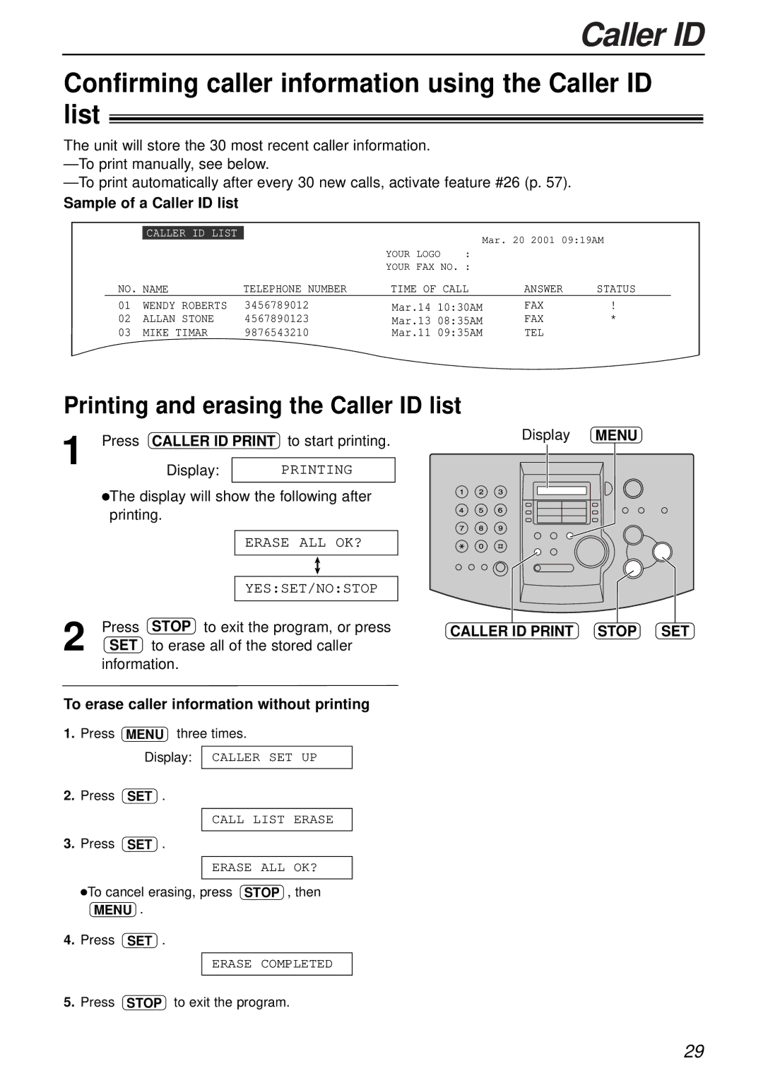 Panasonic KX-FL503HK manual Confirming caller information using the Caller ID list, Printing and erasing the Caller ID list 