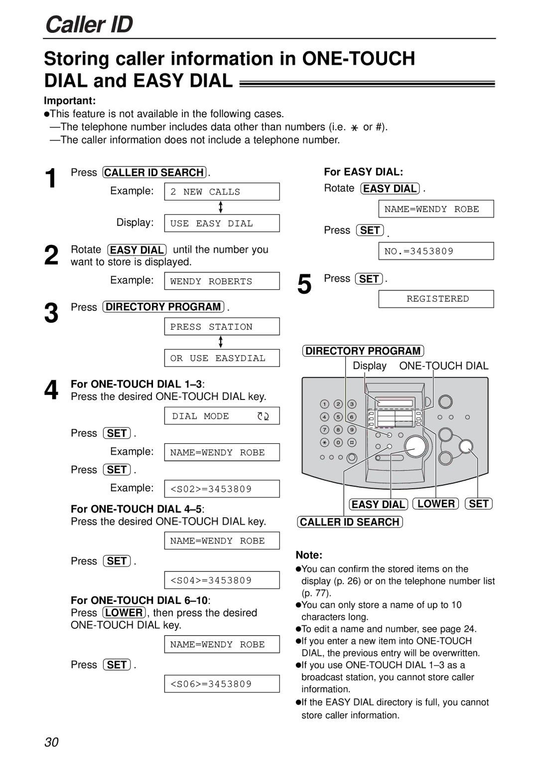 Panasonic KX-FL503HK manual Storing caller information in ONE-TOUCH Dial and Easy Dial, For Easy Dial Rotate Easy Dial 