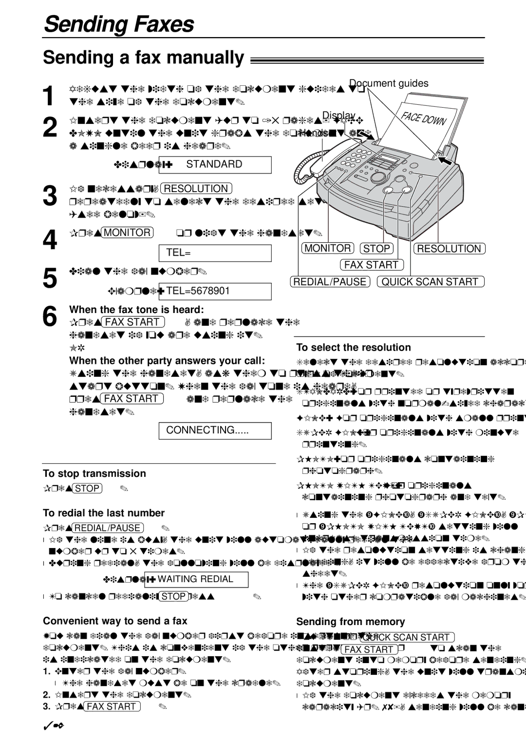 Panasonic KX-FL503HK Sending Faxes, Sending a fax manually, Resolution, FAX Start 