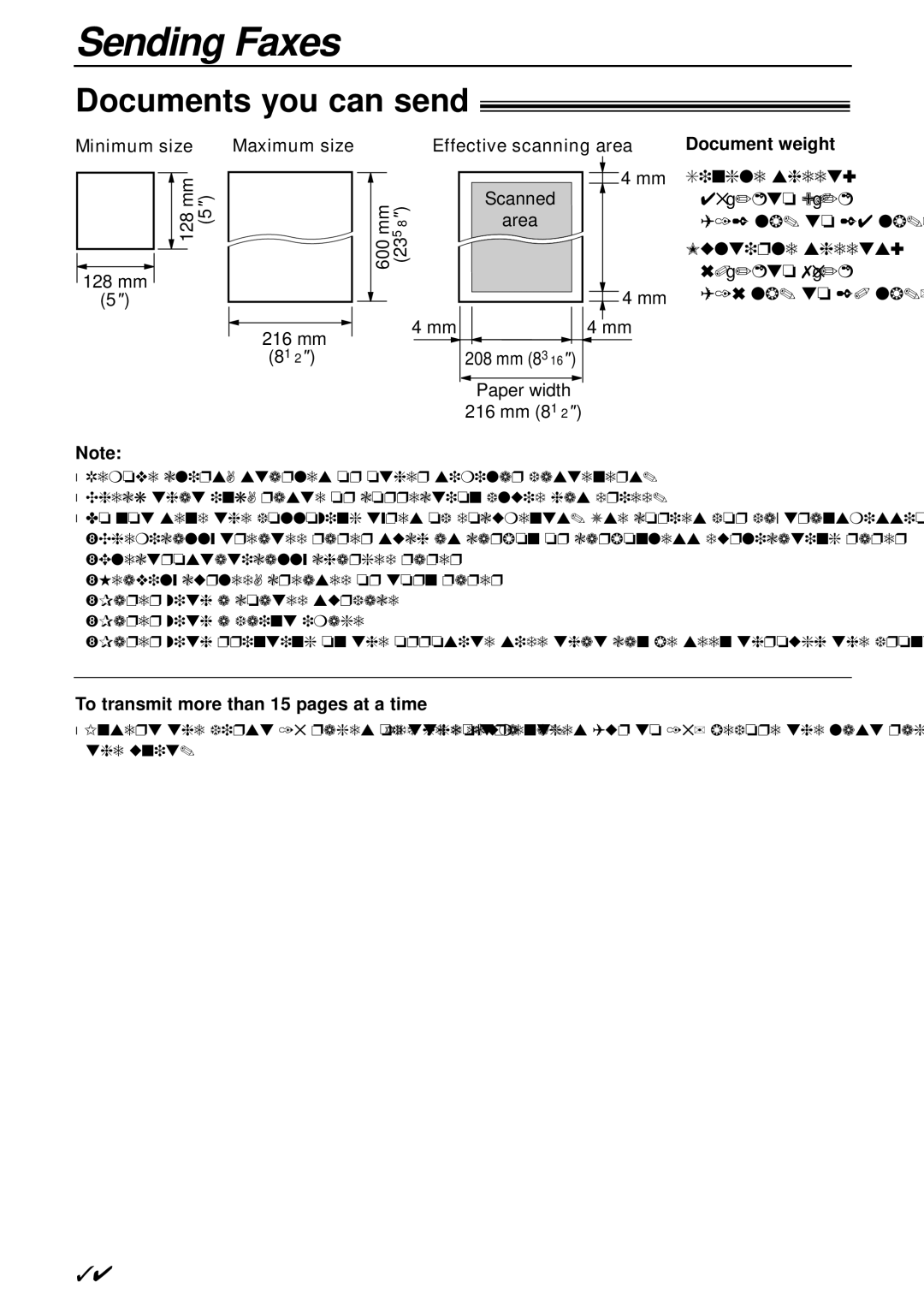 Panasonic KX-FL503HK manual Documents you can send, Maximum size, Effective scanning area, Document weight 