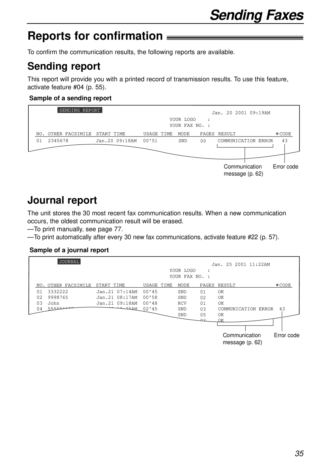 Panasonic KX-FL503HK manual Reports for confirmation, Sending report, Journal report, Sample of a sending report 