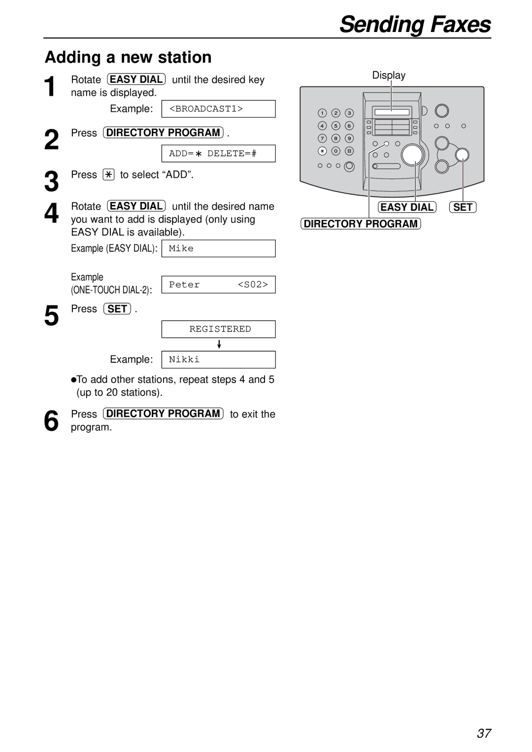 Panasonic KX-FL503HK manual Adding a new station, Easy Dial SET Directory Program 