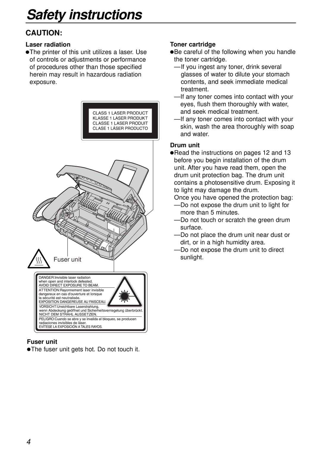 Panasonic KX-FL503HK manual Laser radiation, Fuser unit, Toner cartridge, Drum unit 