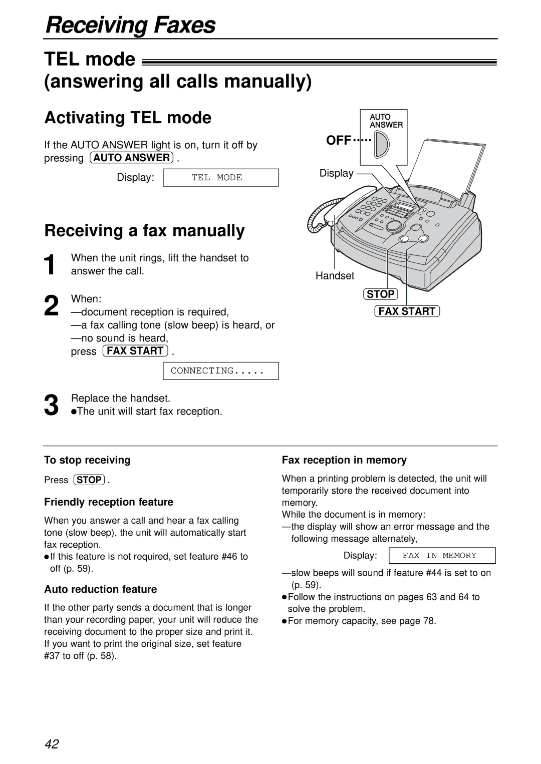 Panasonic KX-FL503HK TEL mode Answering all calls manually, Activating TEL mode, Receiving a fax manually, Stop FAX Start 