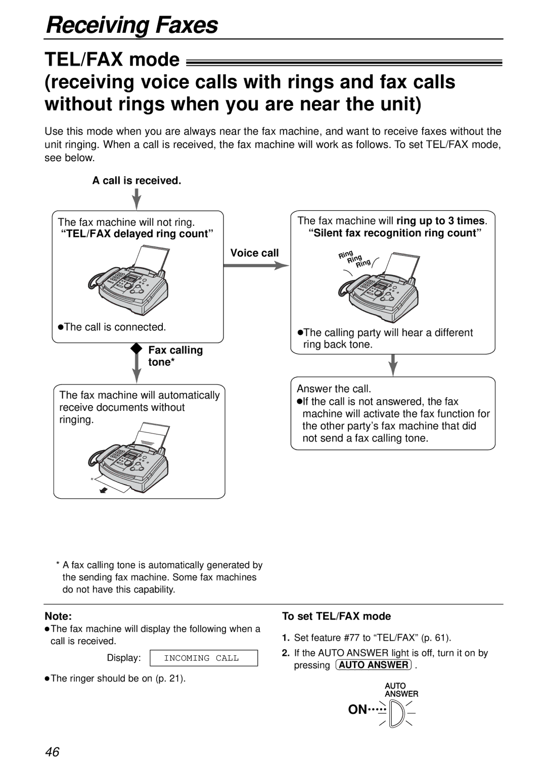 Panasonic KX-FL503HK manual Call is received, TEL/FAX delayed ring count Voice call, Silent fax recognition ring count 