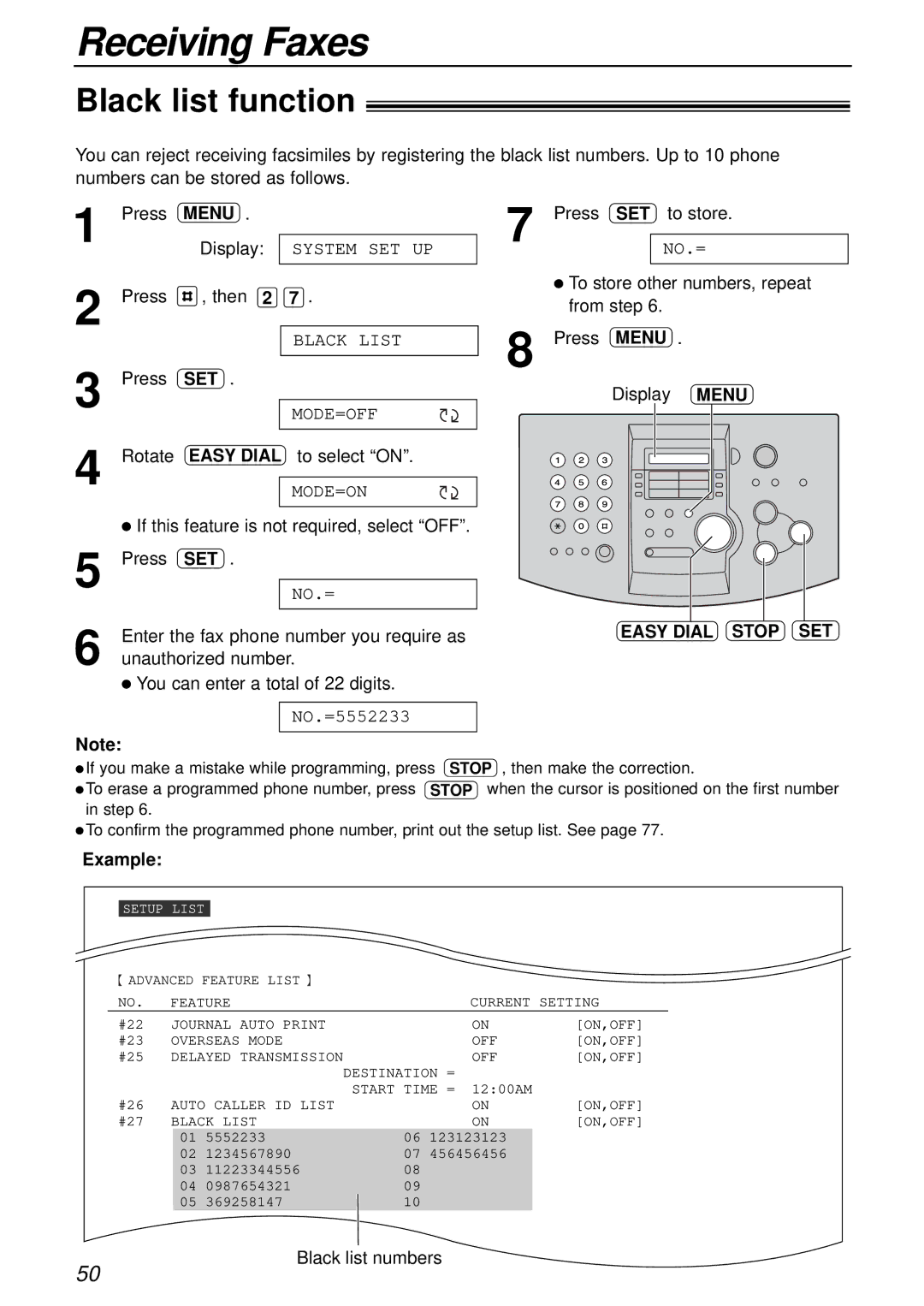 Panasonic KX-FL503HK manual Black list function, Press, Display, Menu Easy Dial Stop SET 