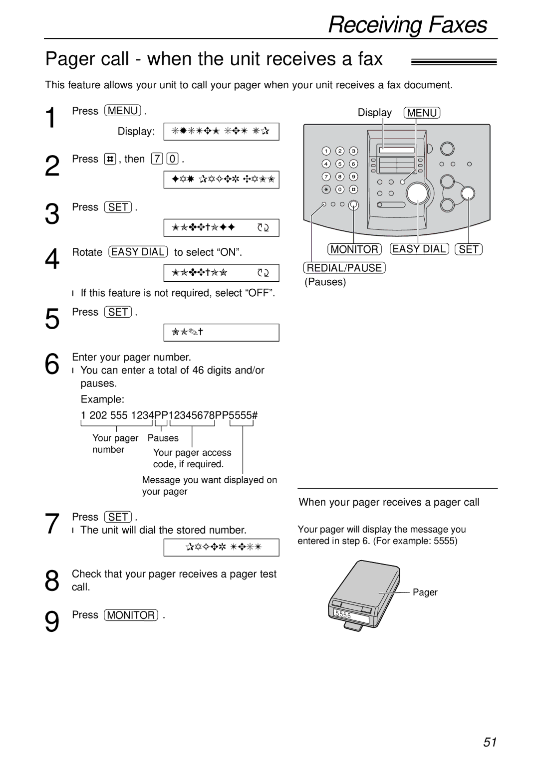 Panasonic KX-FL503HK manual Pager call when the unit receives a fax, Menu Monitor Easy Dial SET REDIAL/PAUSE 