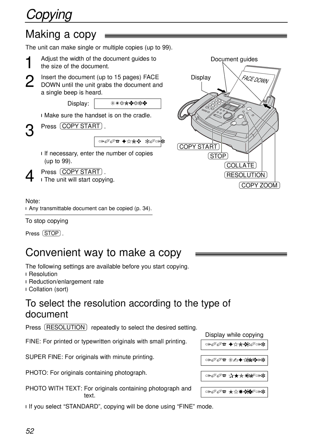 Panasonic KX-FL503HK Copying, Making a copy, Convenient way to make a copy, Copy Start Stop Collate Resolution Copy Zoom 