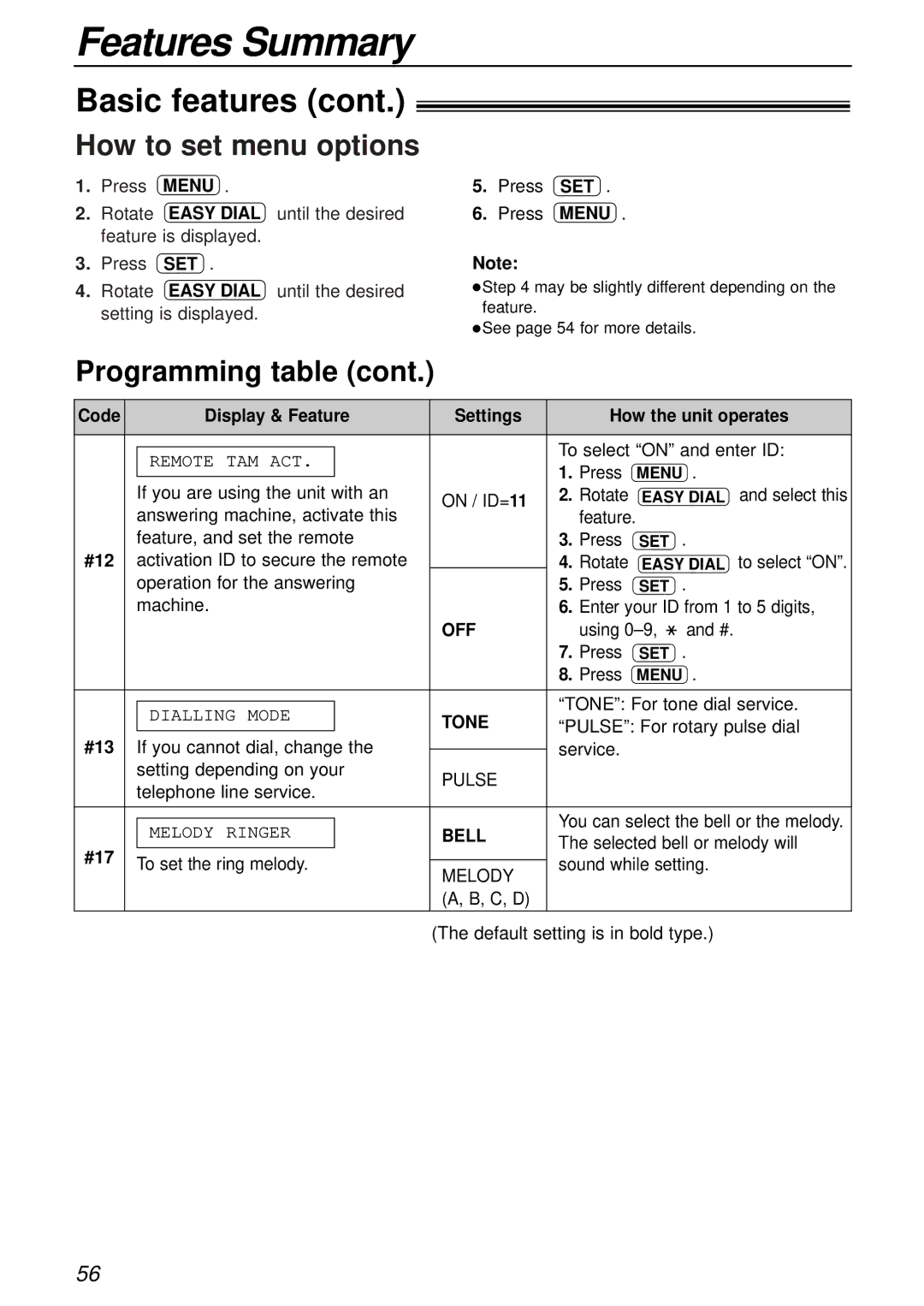 Panasonic KX-FL503HK manual How to set menu options, Off, Tone, Bell 