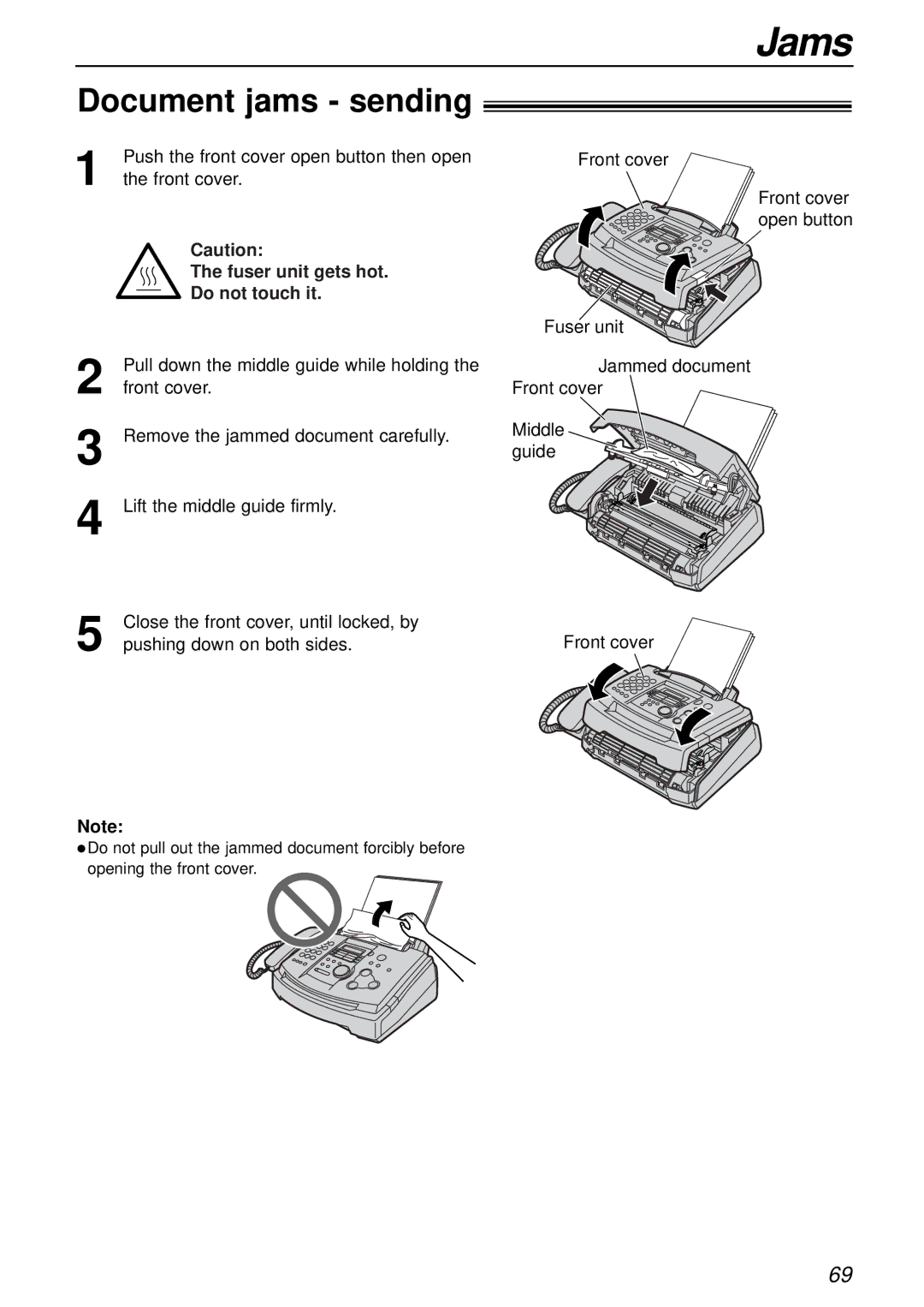 Panasonic KX-FL503HK manual Jams, Document jams sending, Fuser unit gets hot Do not touch it 