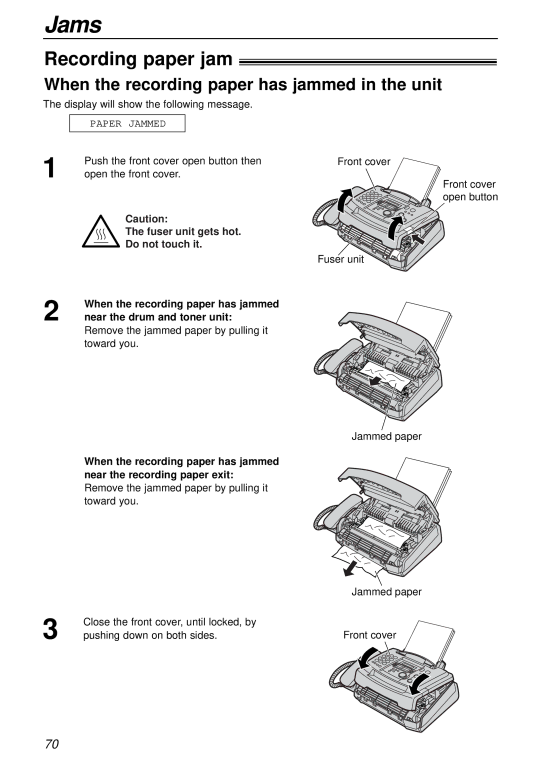 Panasonic KX-FL503HK Recording paper jam, When the recording paper has jammed in the unit, Near the drum and toner unit 