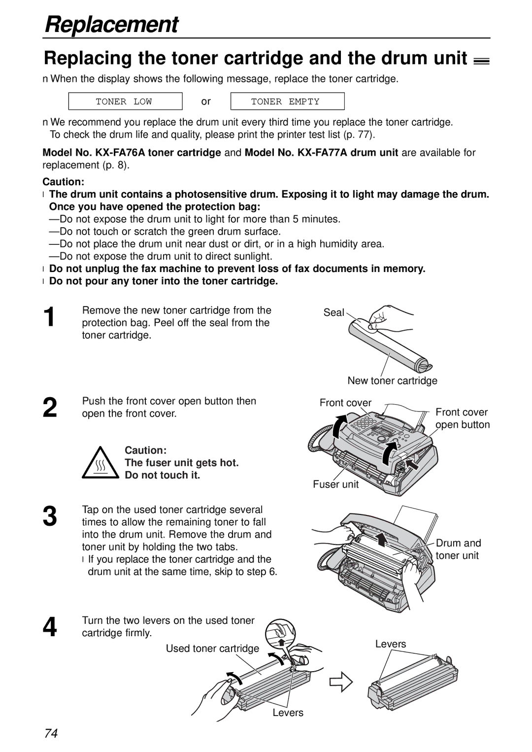 Panasonic KX-FL503HK manual Replacement, Replacing the toner cartridge and the drum unit, Fuser unit gets hot 