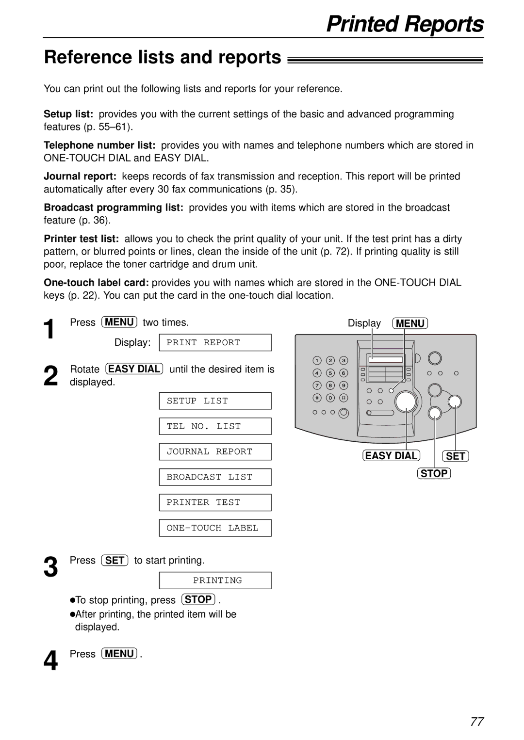 Panasonic KX-FL503HK manual Printed Reports, Reference lists and reports, Easy Dial SET Stop 