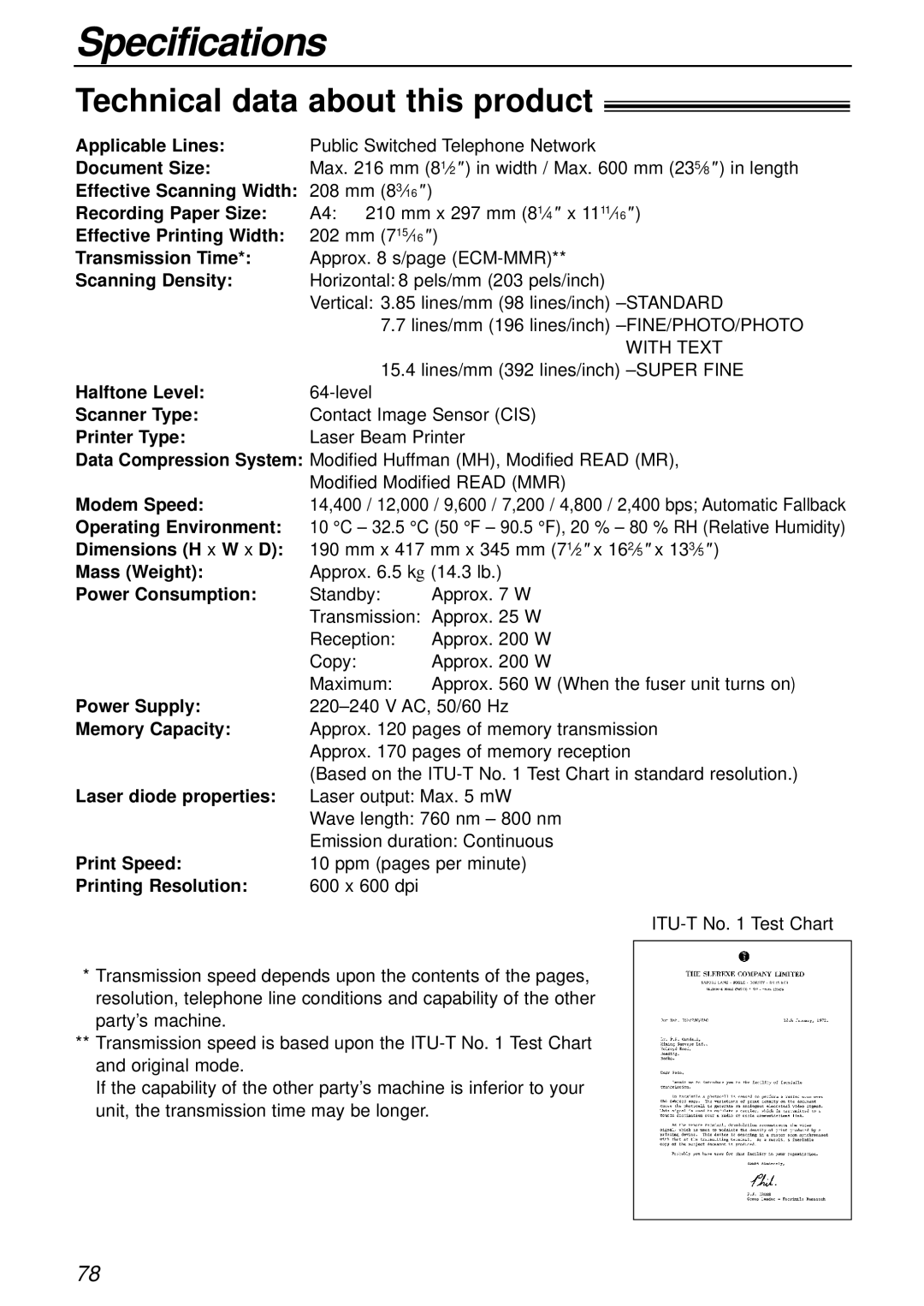 Panasonic KX-FL503HK manual Specifications, Technical data about this product 