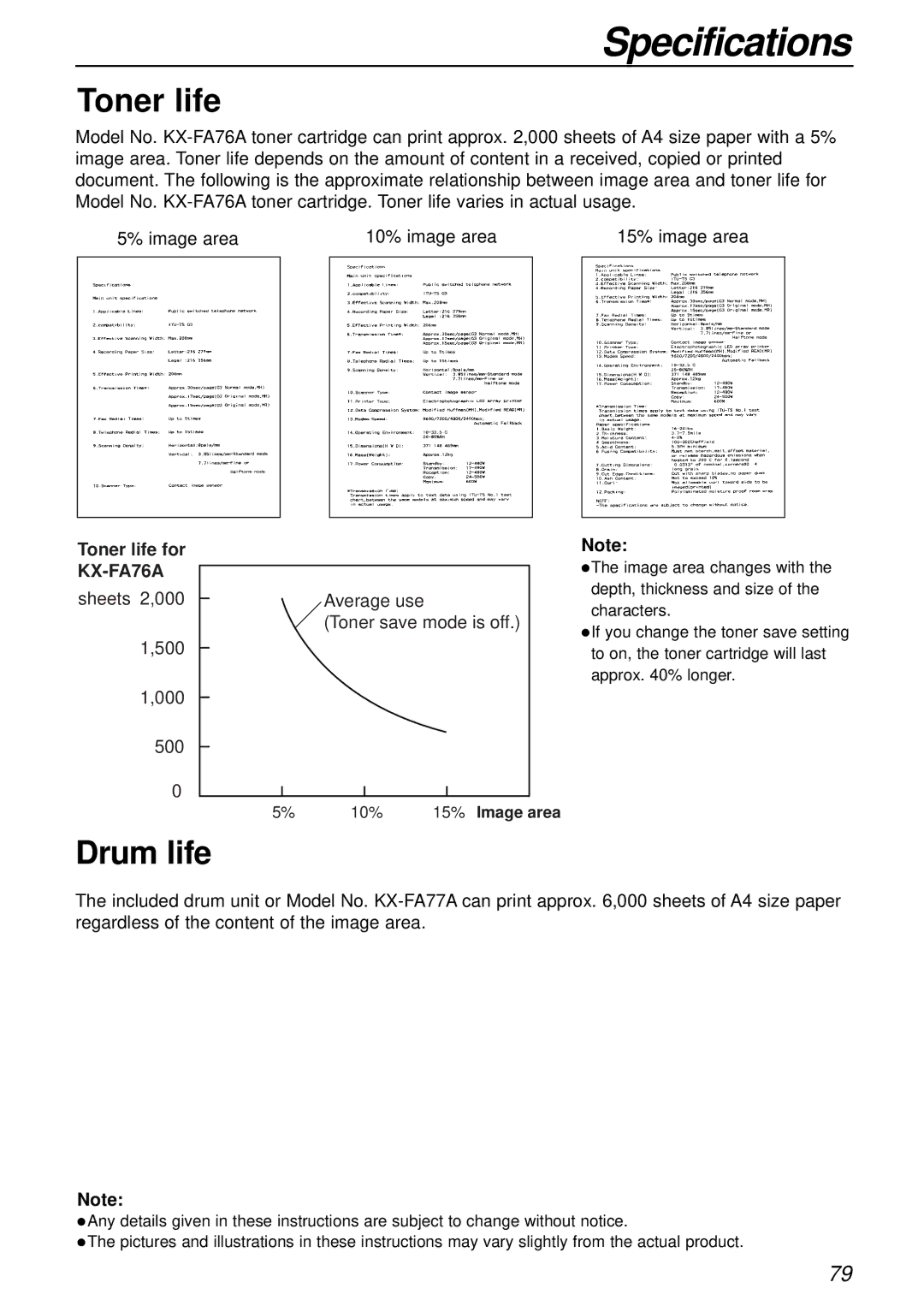 Panasonic KX-FL503HK manual Drum life, Toner life for KX-FA76A 