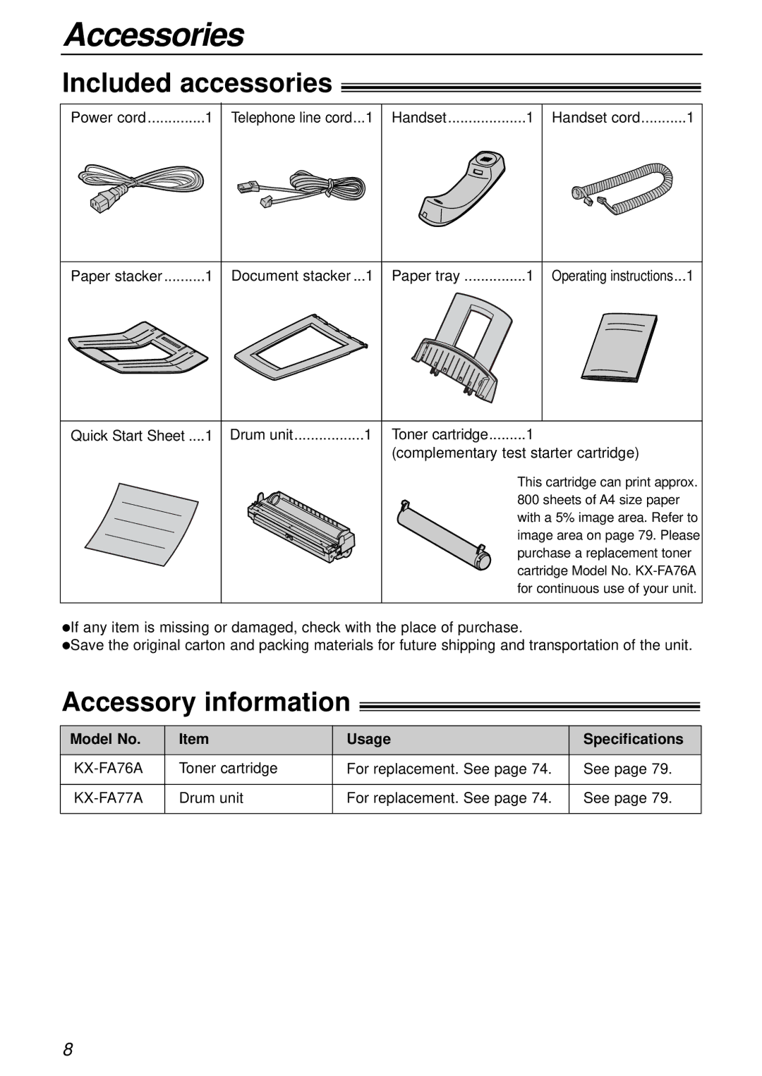 Panasonic KX-FL503HK manual Accessories, Included accessories, Accessory information, Model No Usage Specifications 